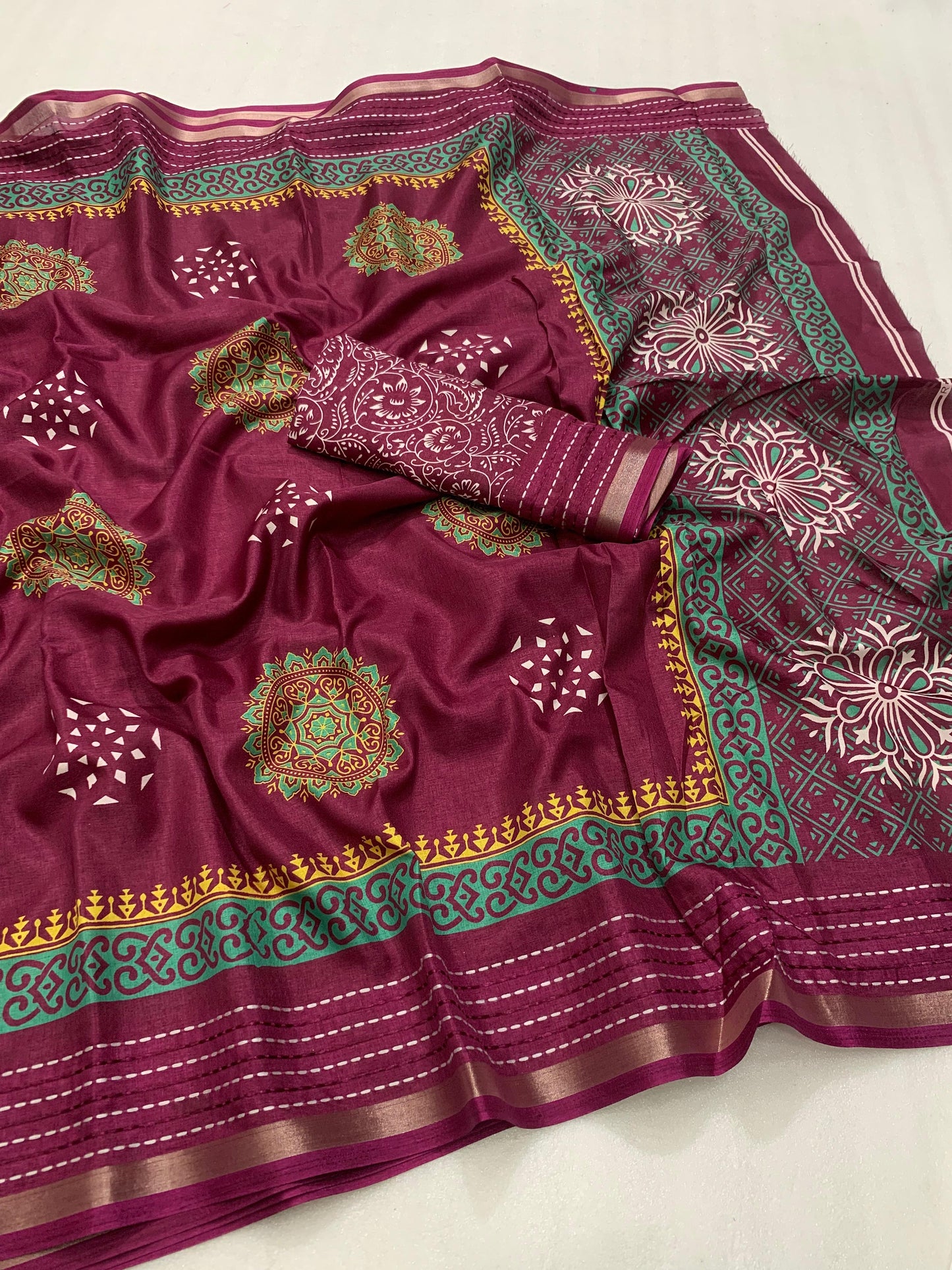 Soft dola silk saree with beautiful ajrakh pichwai print and trending katha work border. - Swaraas