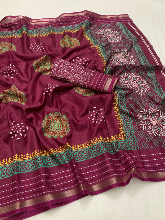Soft dola silk saree with beautiful ajrakh pichwai print and trending katha work border. - Swaraas
