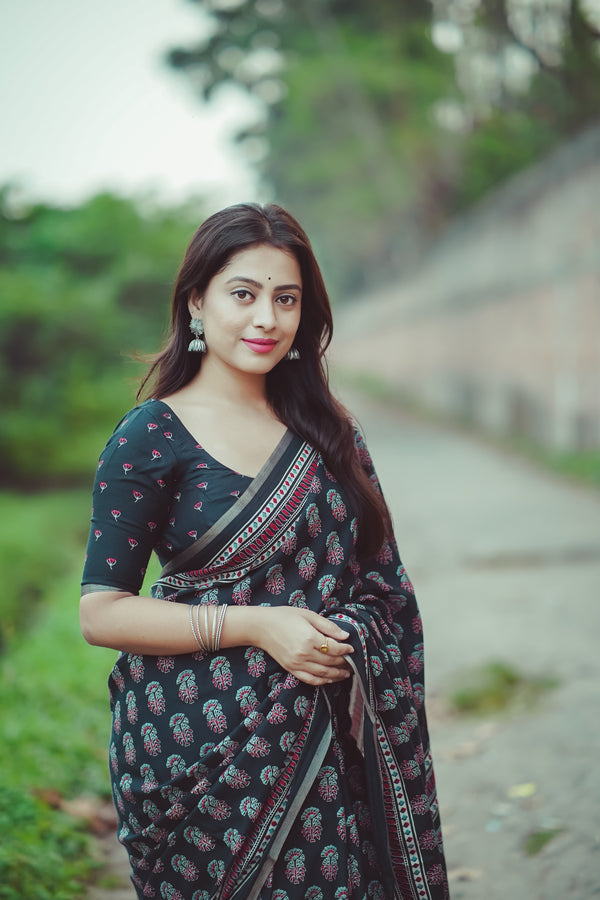 Ajrakh Print Soft Cotton Feel Saree with Zari Woven Border – 6.3m with Blouse | Swaraas.in