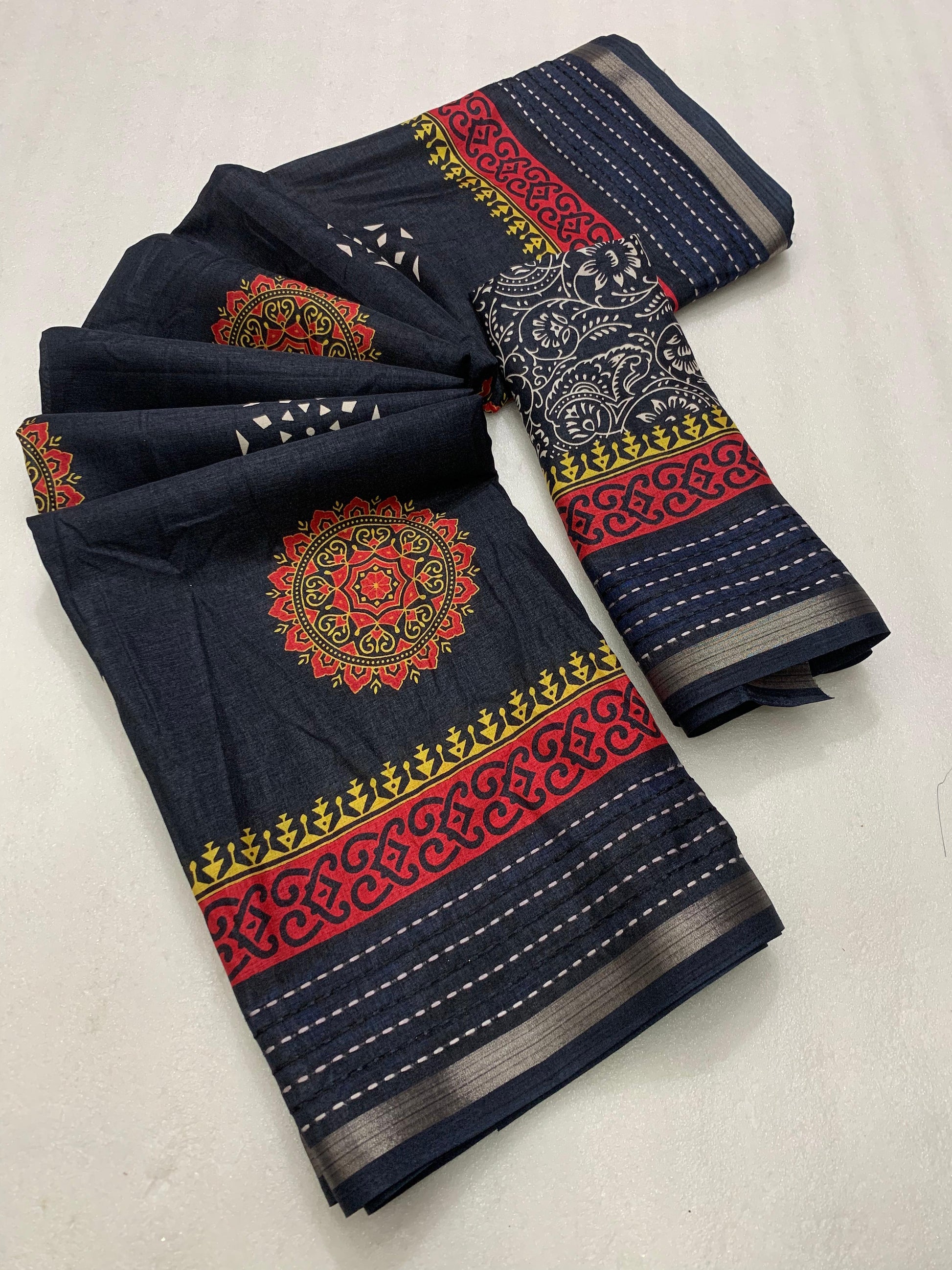 Soft dola silk saree with beautiful ajrakh pichwai print and trending katha work border. - Swaraas