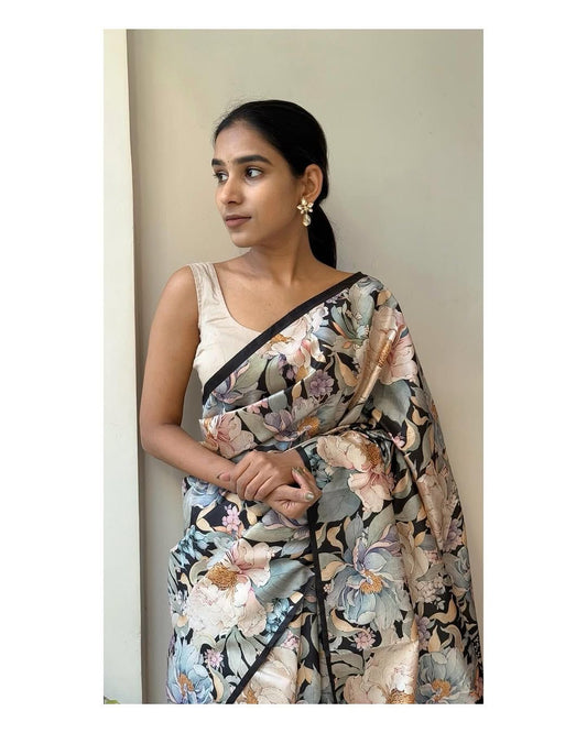 Soft Tussar Silk Saree with 3D Floral Print & Tassel Pallu – Swaraas.in