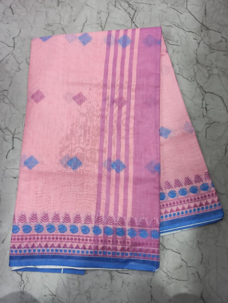 Pink Linen Saree with Blue Temple Border and Woven Butis, 6.3 Metres with Running Blouse Piece for Daily Wear