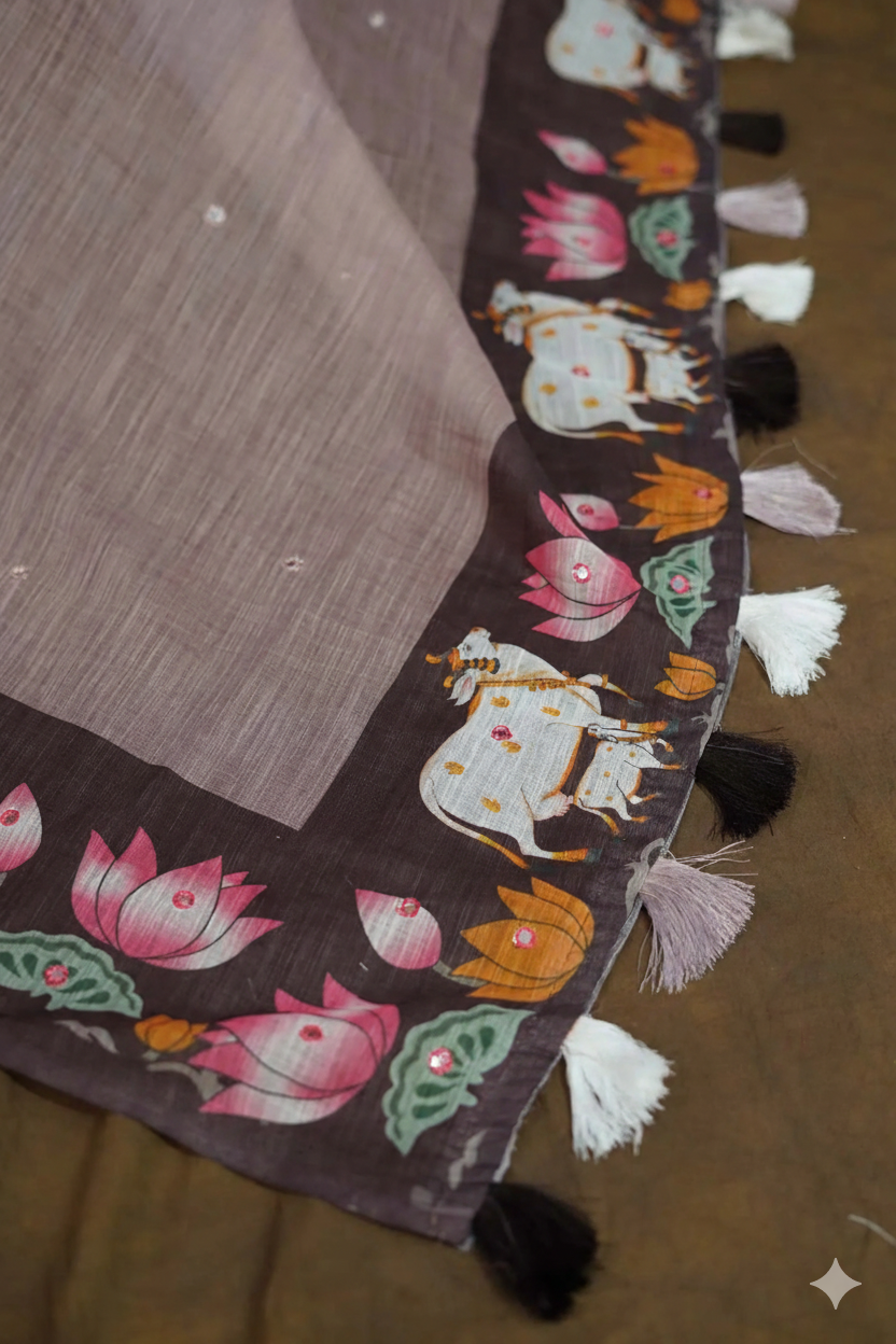 Soft Linen Cotton Animal Print Saree With Running Blouse And Aari Work All Over Saree