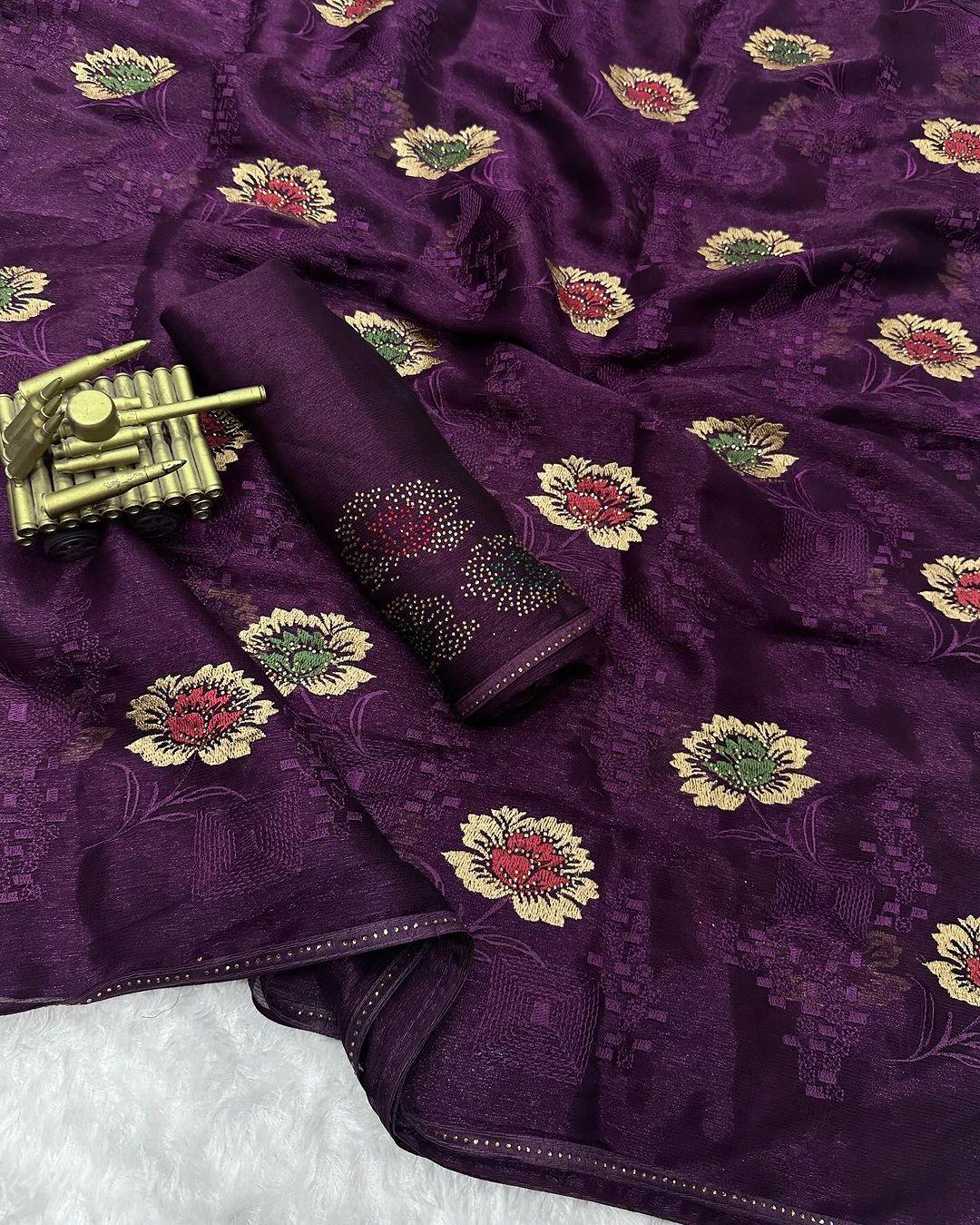 Sitara chiffon saree with thread work in all over saree with sarvoski work and 3 colours sarvoski butta - Swaraas