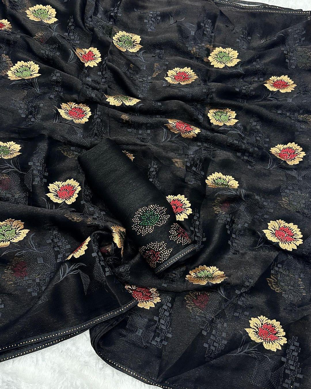 Sitara chiffon saree with thread work in all over saree with sarvoski work and 3 colours sarvoski butta - Swaraas