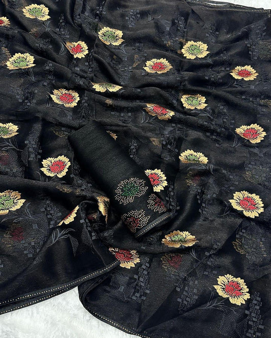 Sitara chiffon saree with thread work in all over saree with sarvoski work and 3 colours sarvoski butta - Swaraas