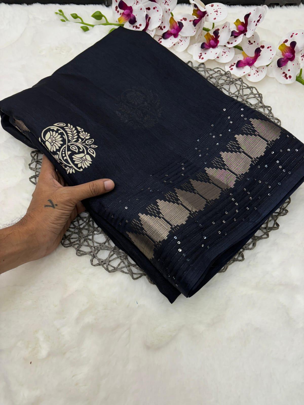 Pure Meghna slub Silk with Weave sequnce and printed Reach Pallu Blouse running with butti - Swaraas