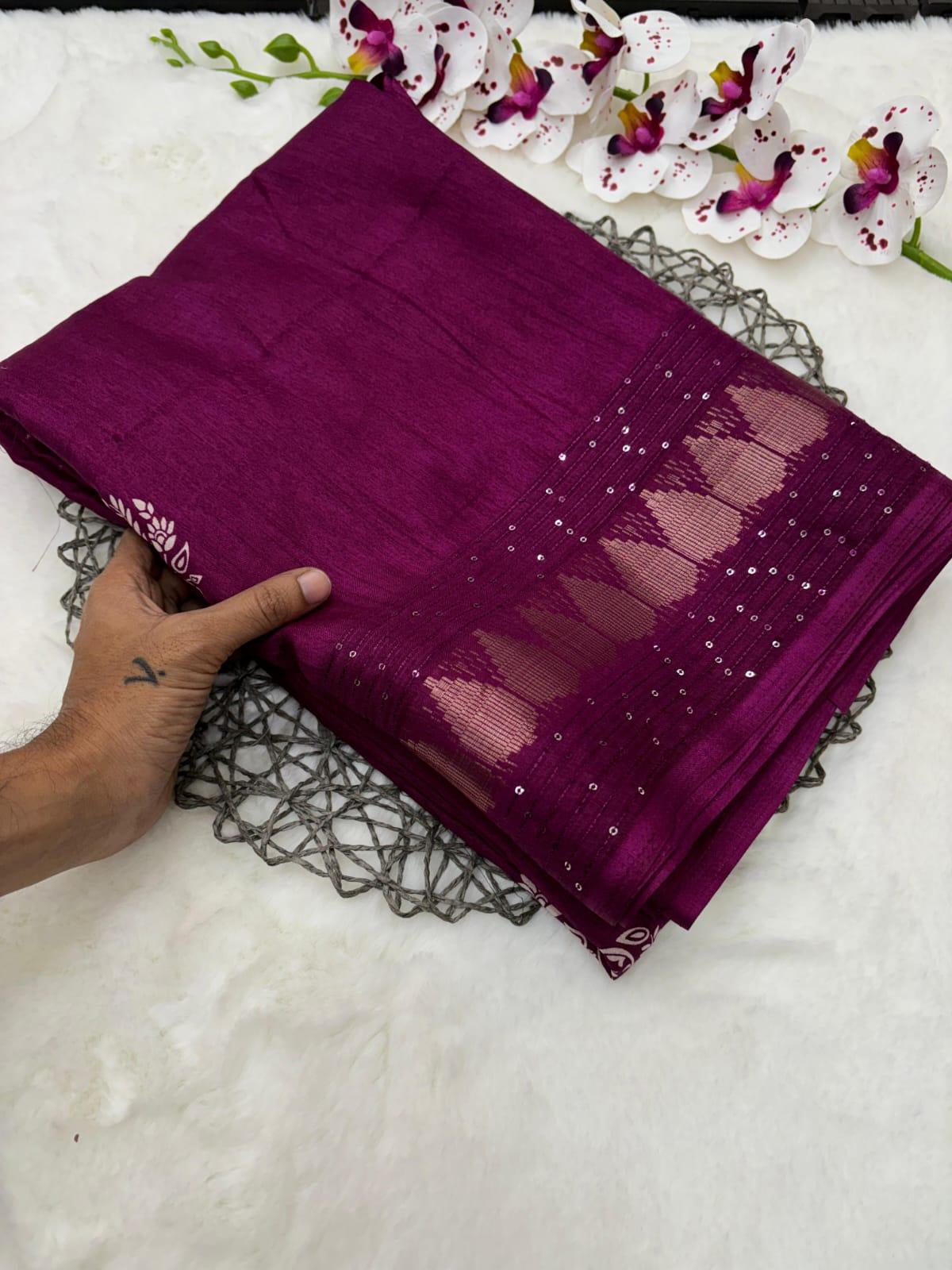 Pure Meghna slub Silk with Weave sequnce and printed Reach Pallu Blouse running with butti - Swaraas