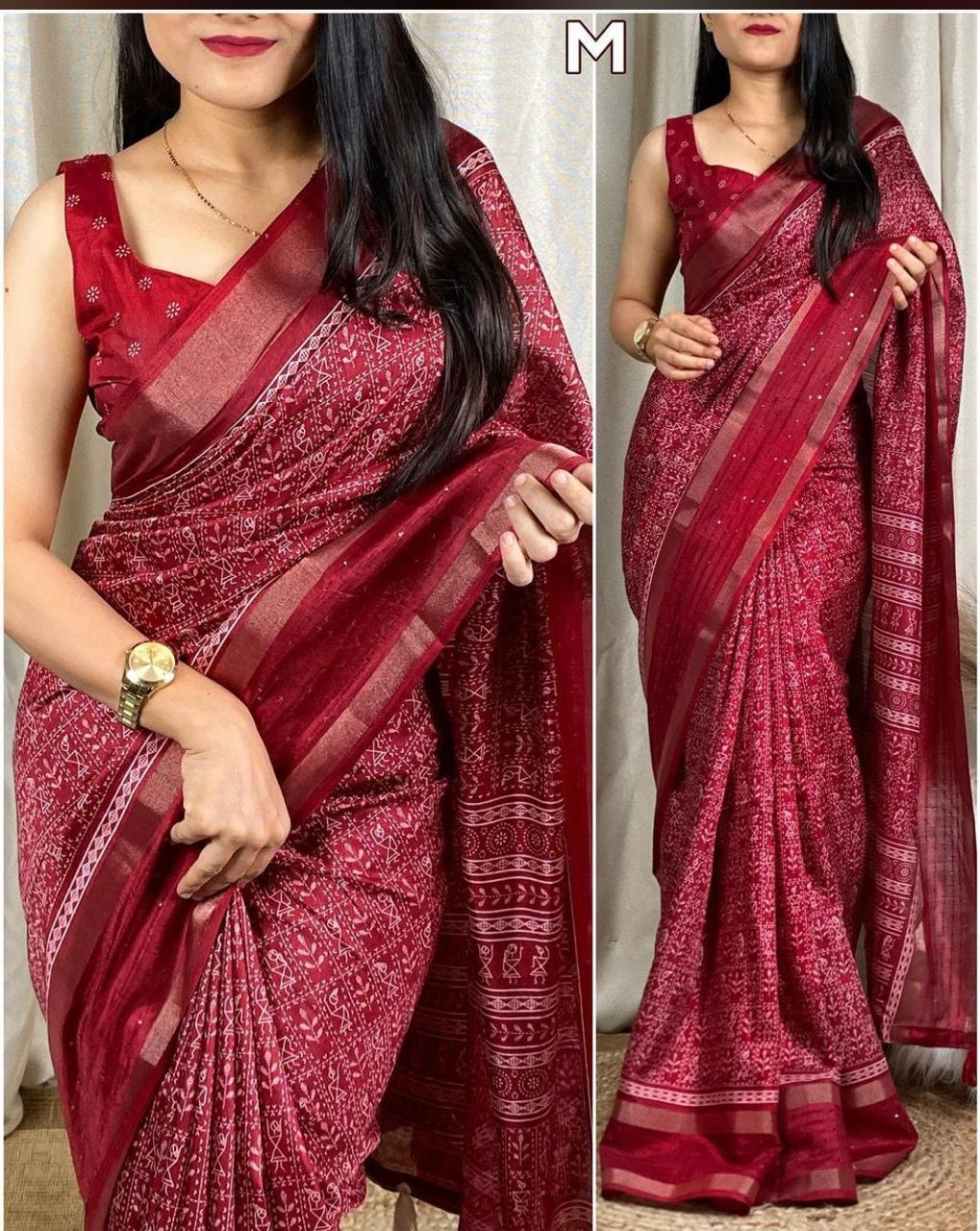 Kalamkari Print Saree With Sequin & Zari Boder & With Printed Blouse - Swaraas