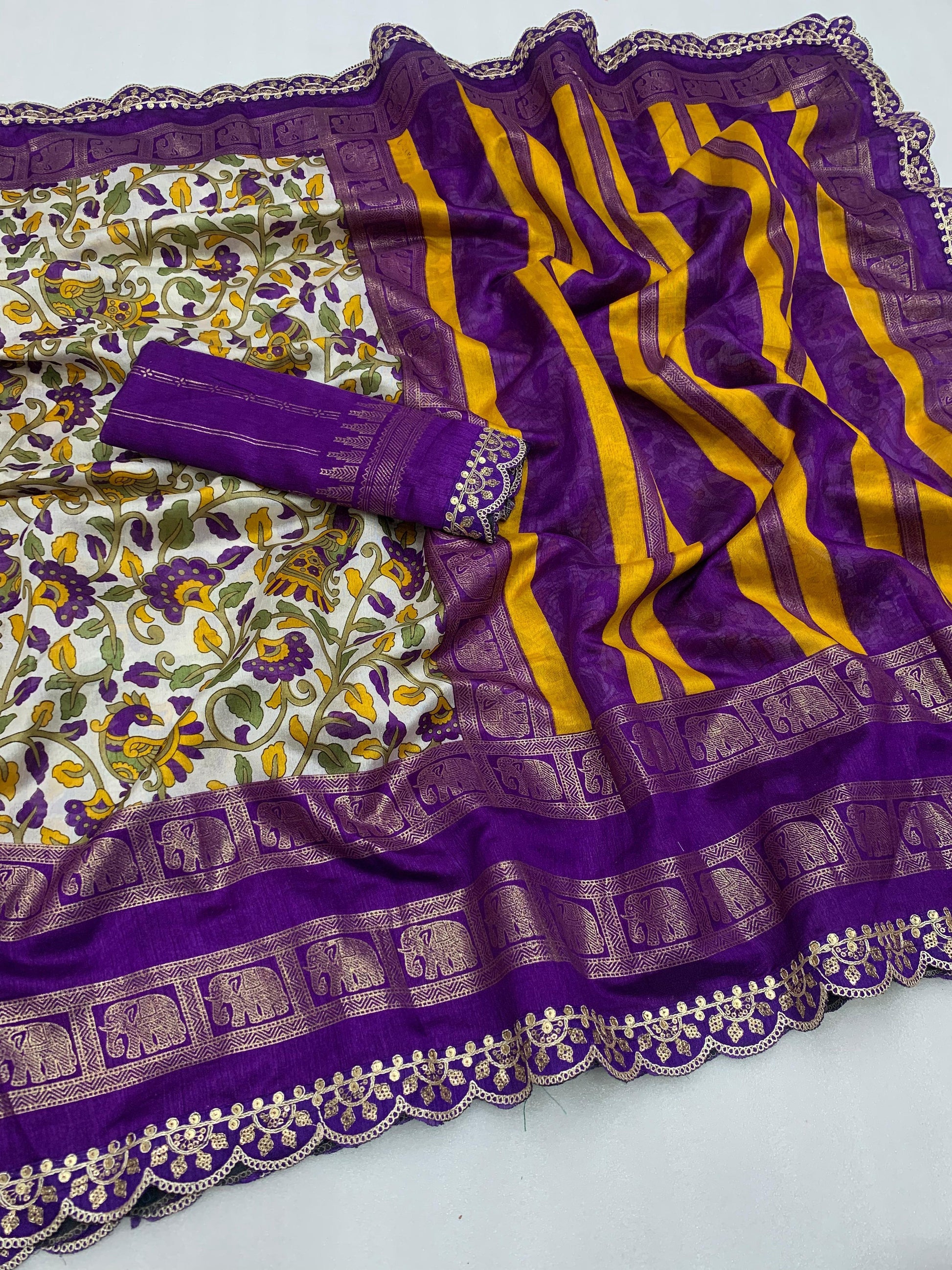 New dola silk saree with kalamkari foil print and magam sequence work lace - Swaraas