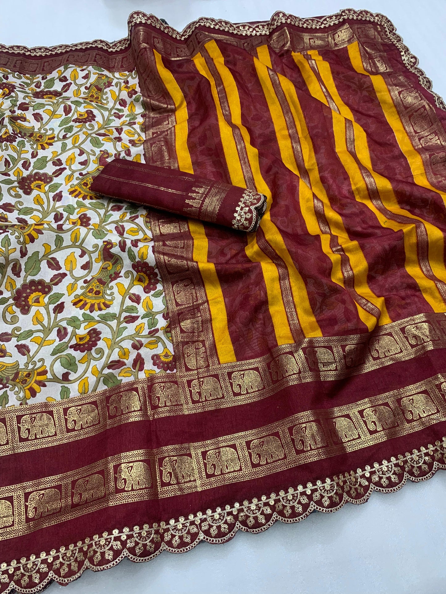 New dola silk saree with kalamkari foil print and magam sequence work lace - Swaraas