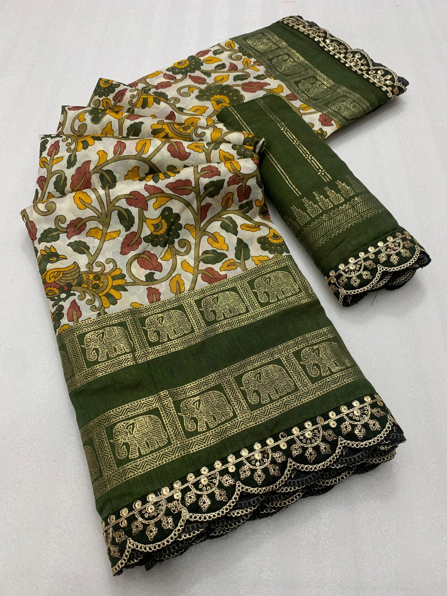 New dola silk saree with kalamkari foil print and magam sequence work lace - Swaraas