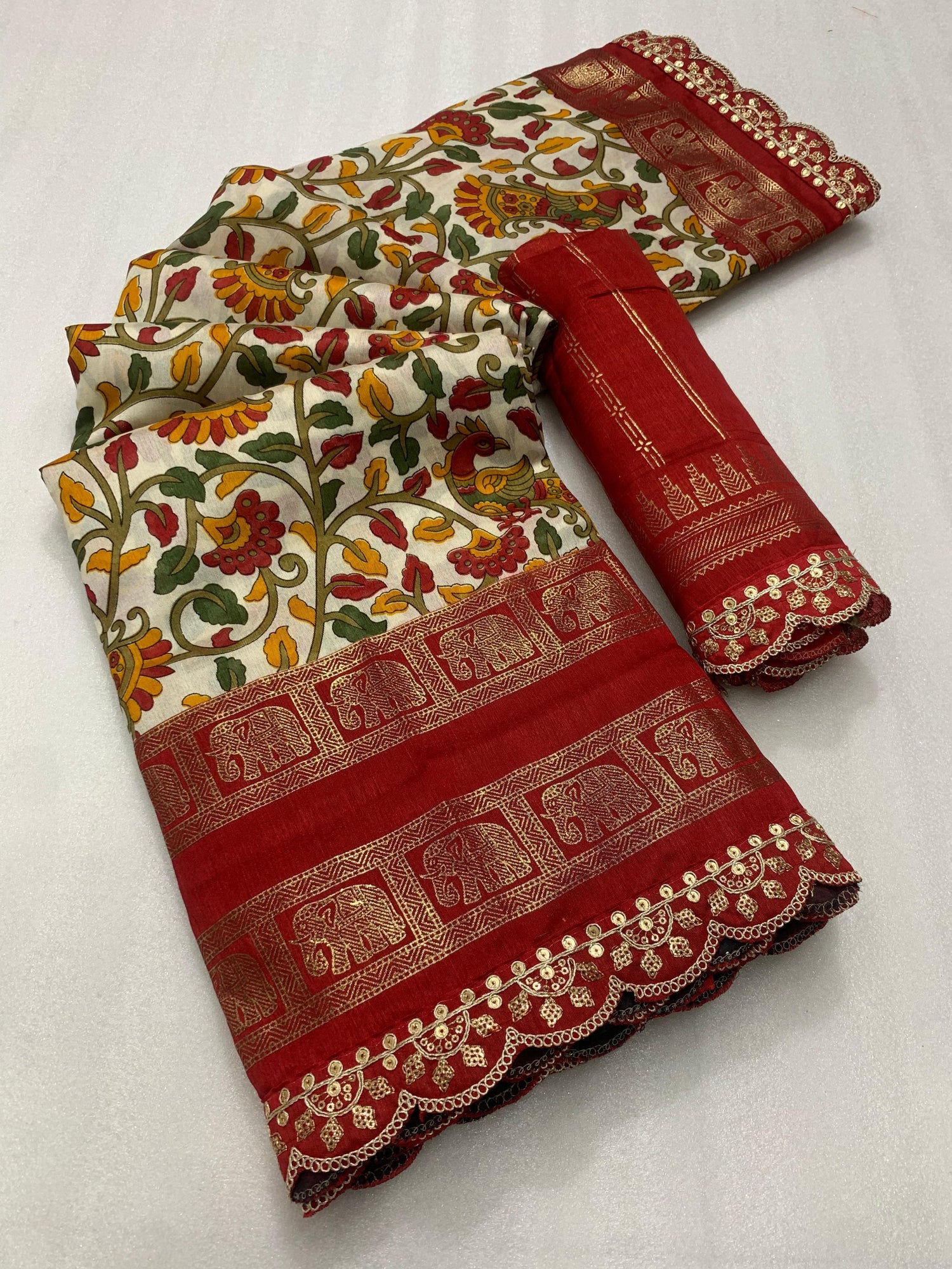 New dola silk saree with kalamkari foil print and magam sequence work lace - Swaraas