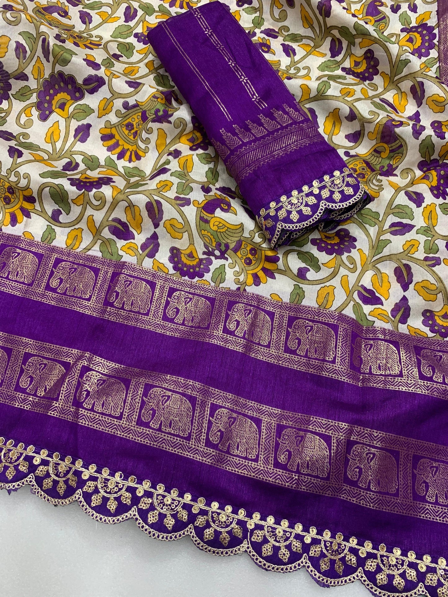 New dola silk saree with kalamkari foil print and magam sequence work lace - Swaraas