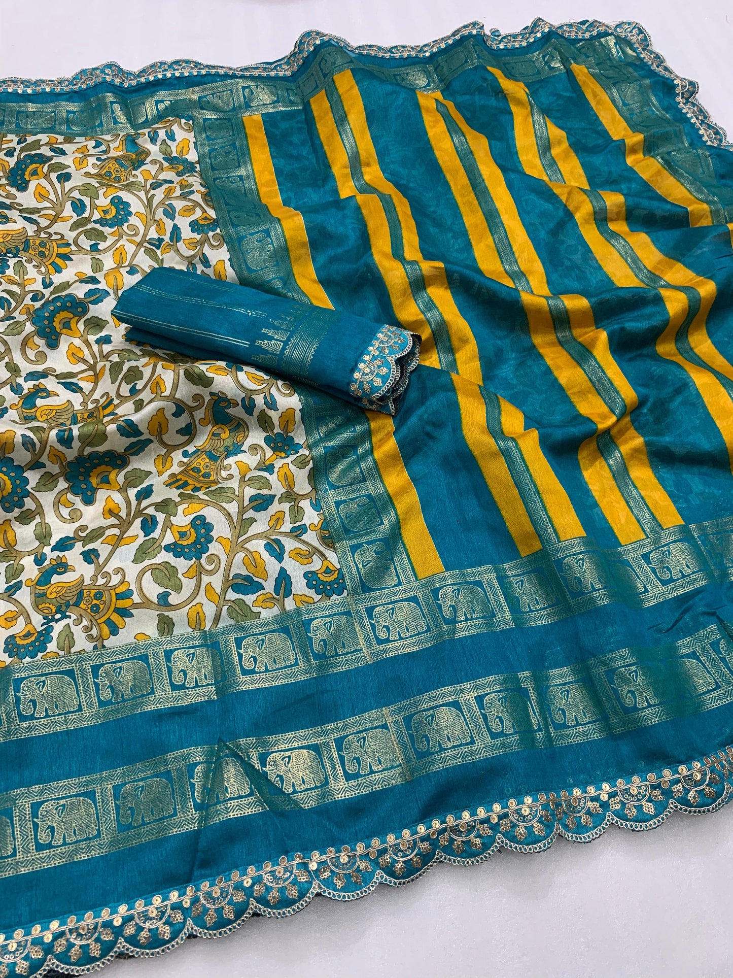New dola silk saree with kalamkari foil print and magam sequence work lace - Swaraas