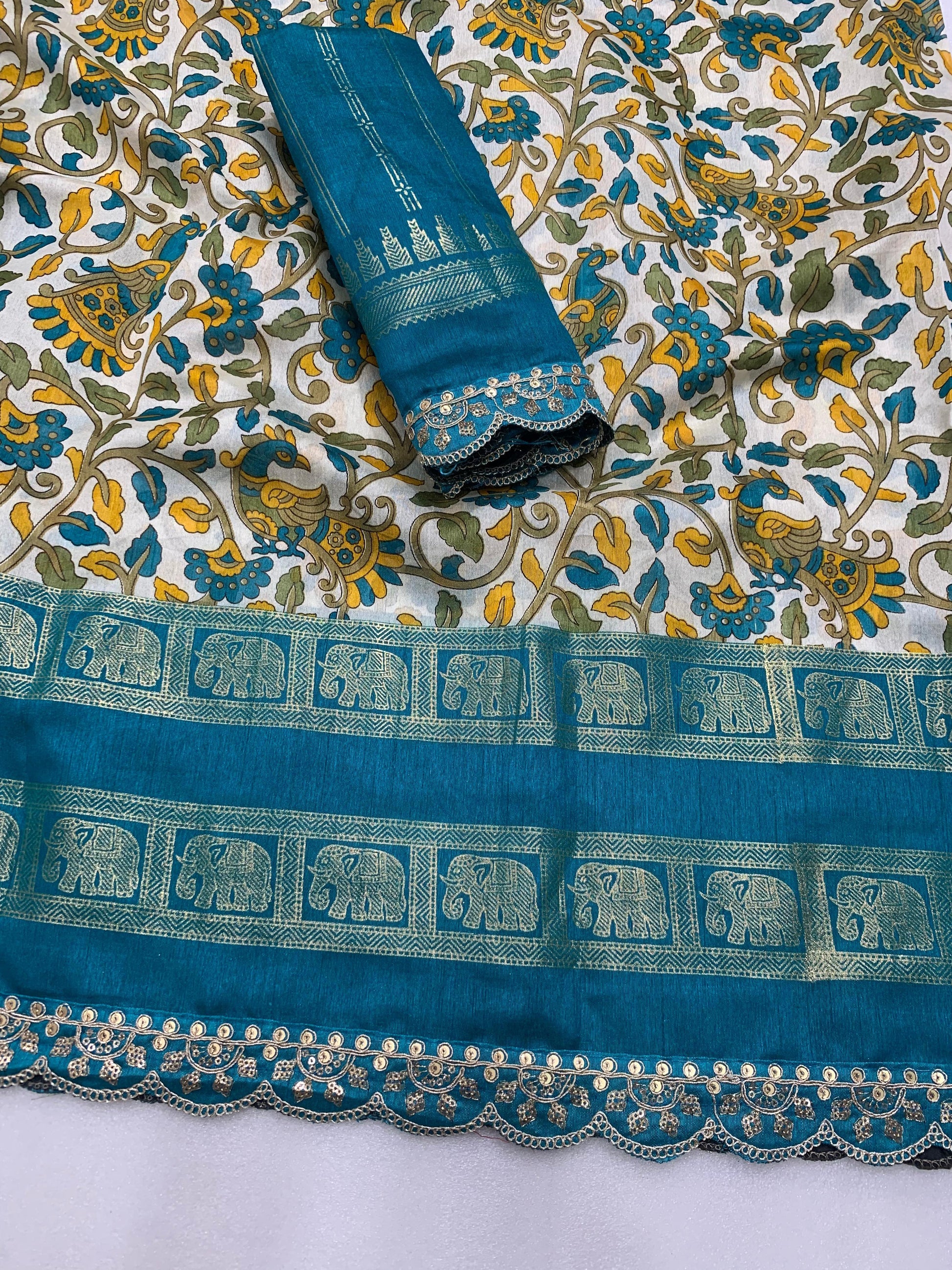 New dola silk saree with kalamkari foil print and magam sequence work lace - Swaraas