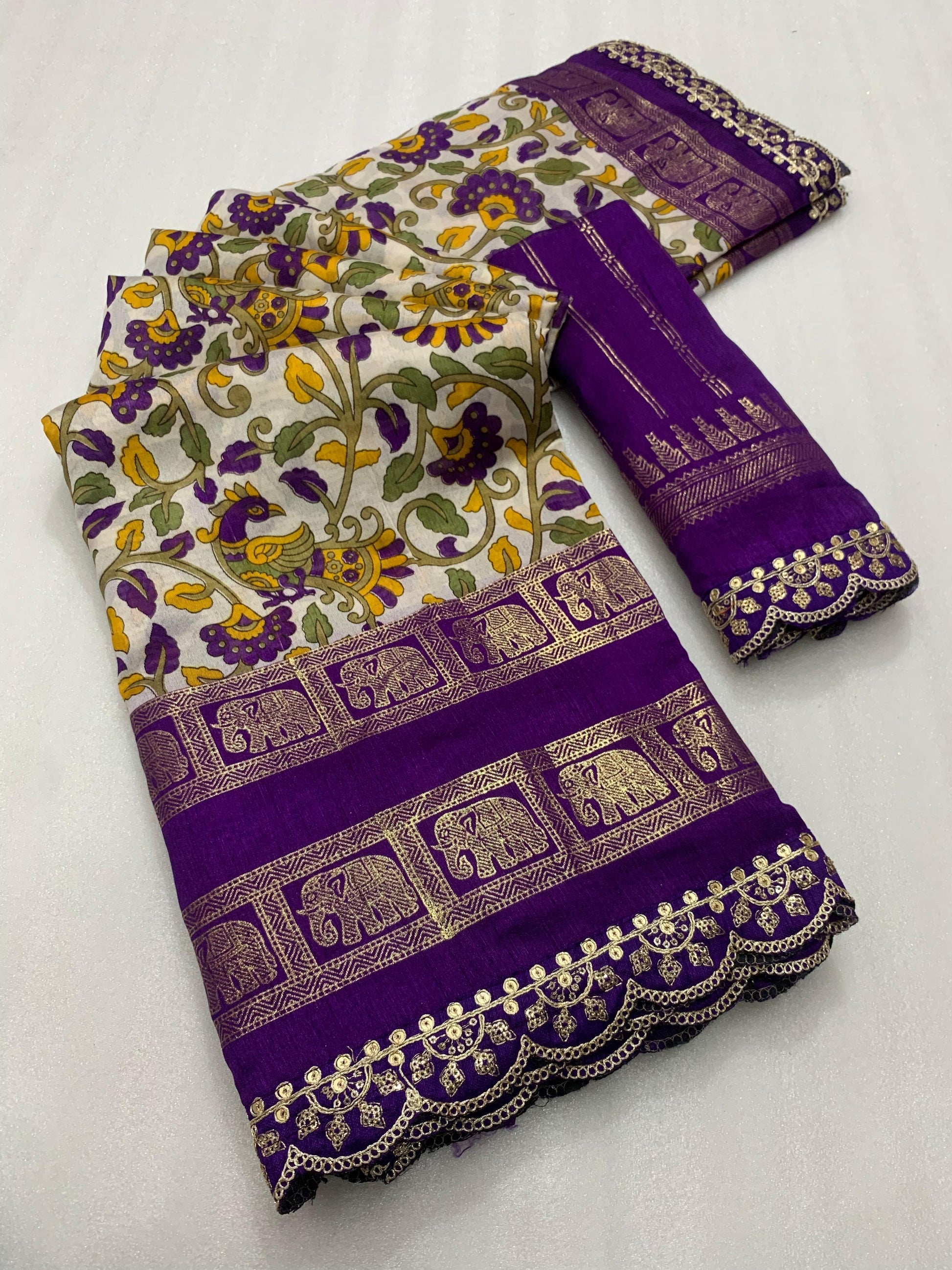 New dola silk saree with kalamkari foil print and magam sequence work lace - Swaraas