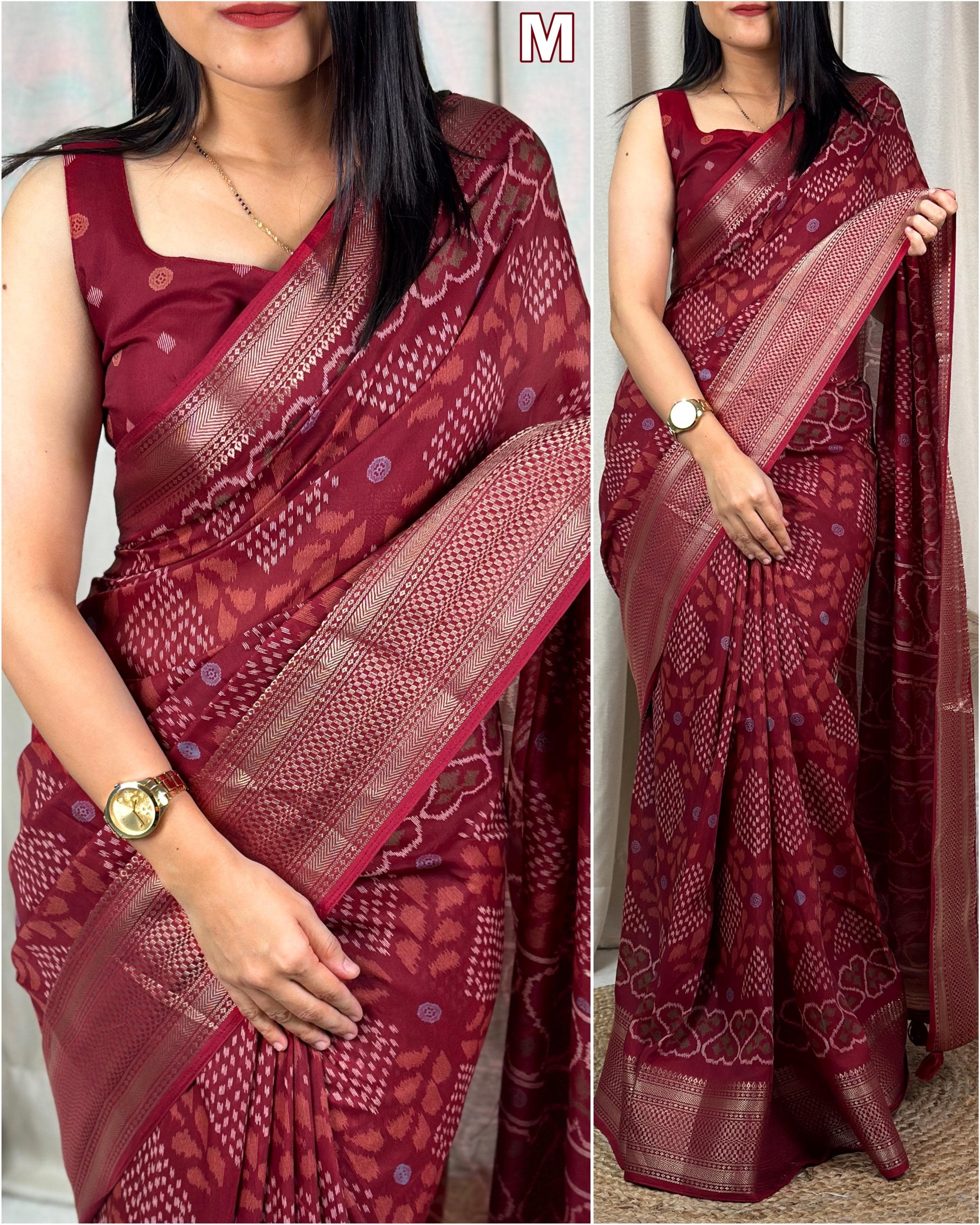 printed muslin cotton saree with zari boder & tussles in pallu - Swaraas
