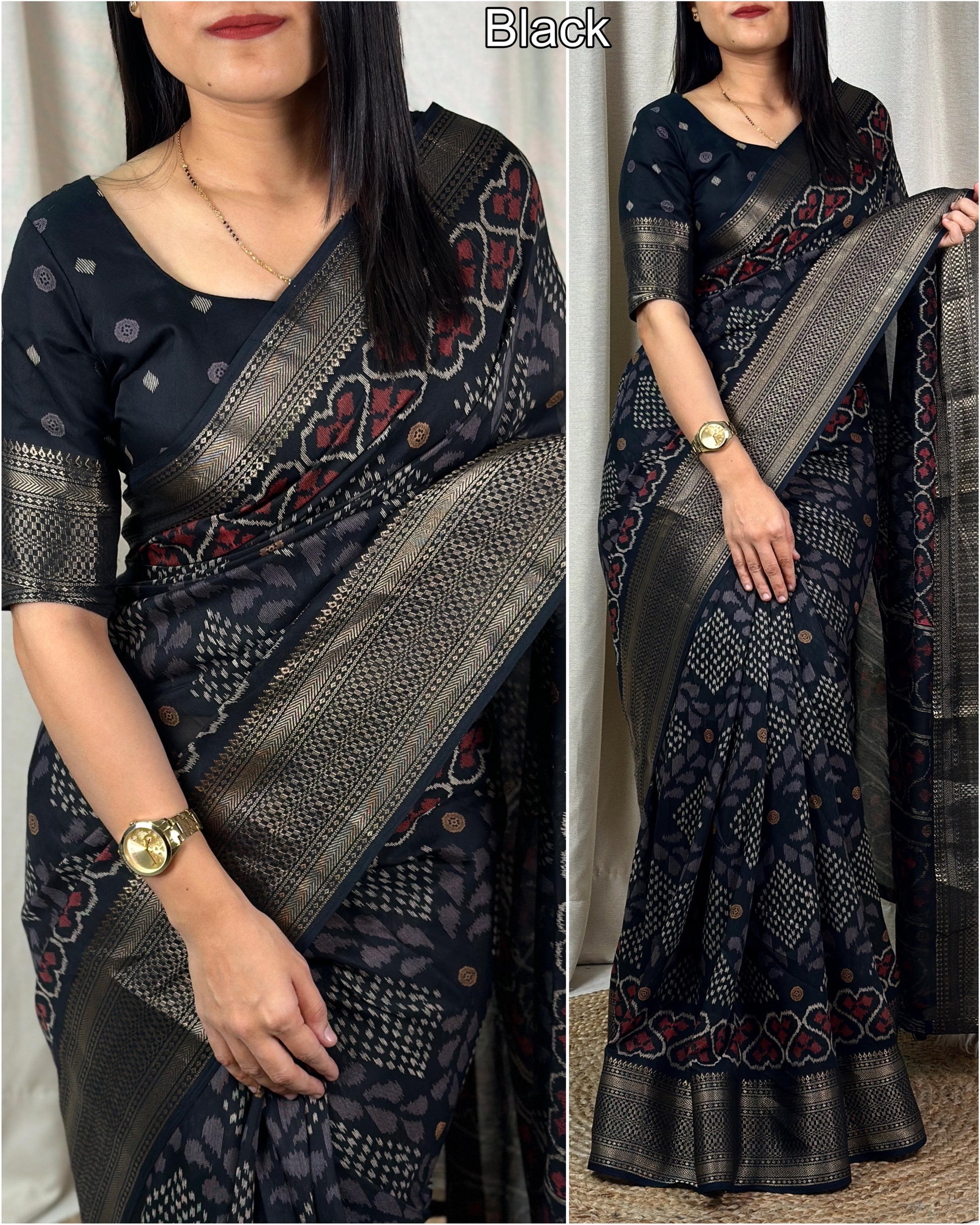 printed muslin cotton saree with zari boder & tussles in pallu - Swaraas