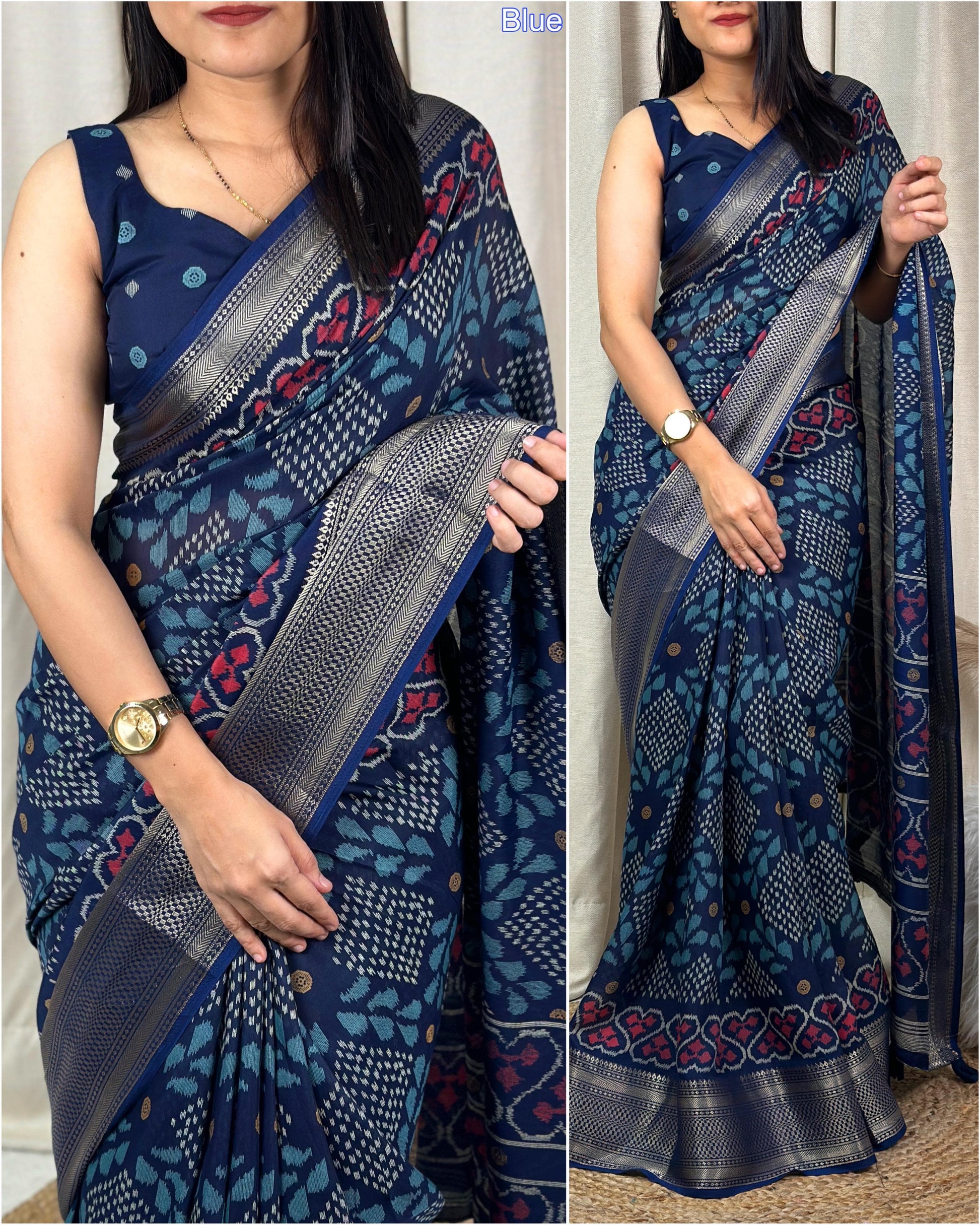 printed muslin cotton saree with zari boder & tussles in pallu - Swaraas