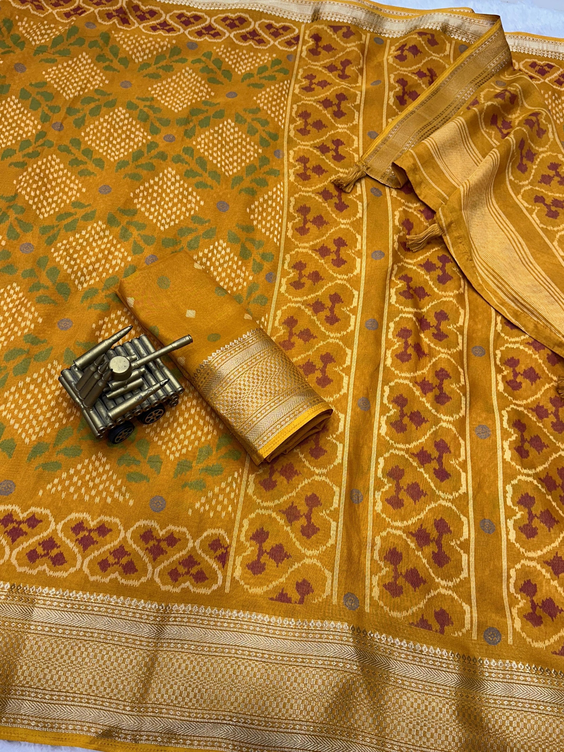 printed muslin cotton saree with zari boder & tussles in pallu - Swaraas