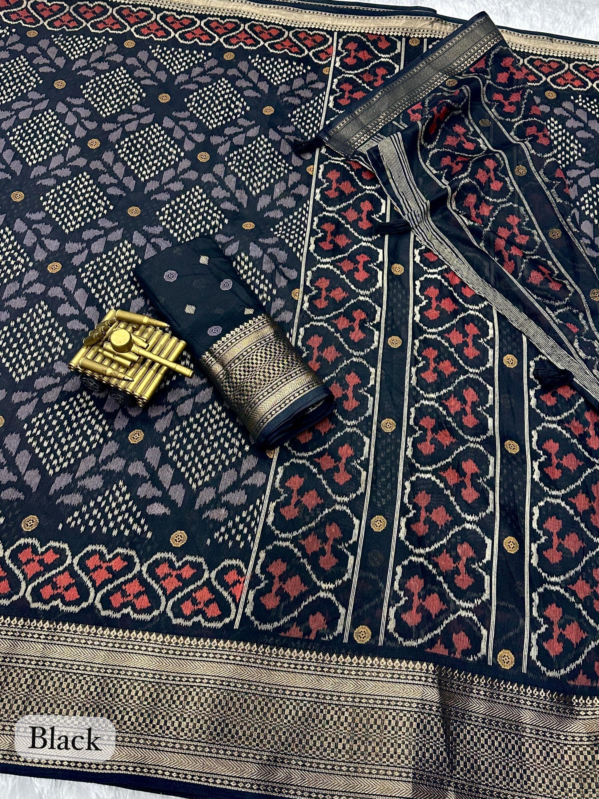 printed muslin cotton saree with zari boder & tussles in pallu - Swaraas