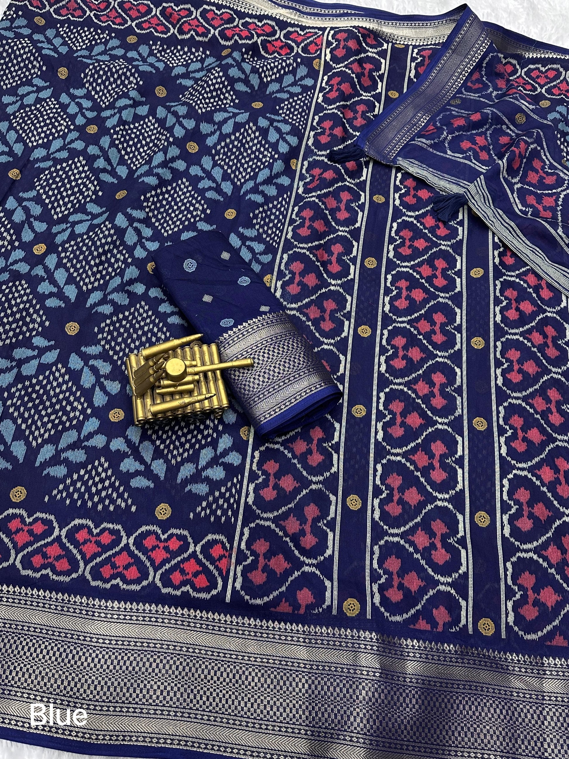 printed muslin cotton saree with zari boder & tussles in pallu - Swaraas