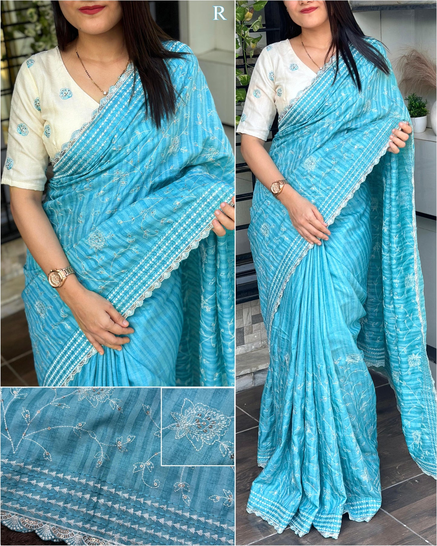 Multi thread Embroidery work in saree with sequins touch - Swaraas