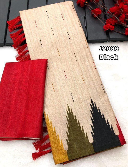 Handloom Tussur silk Temple Design Digital Print with tussels on Pallu - Swaraas