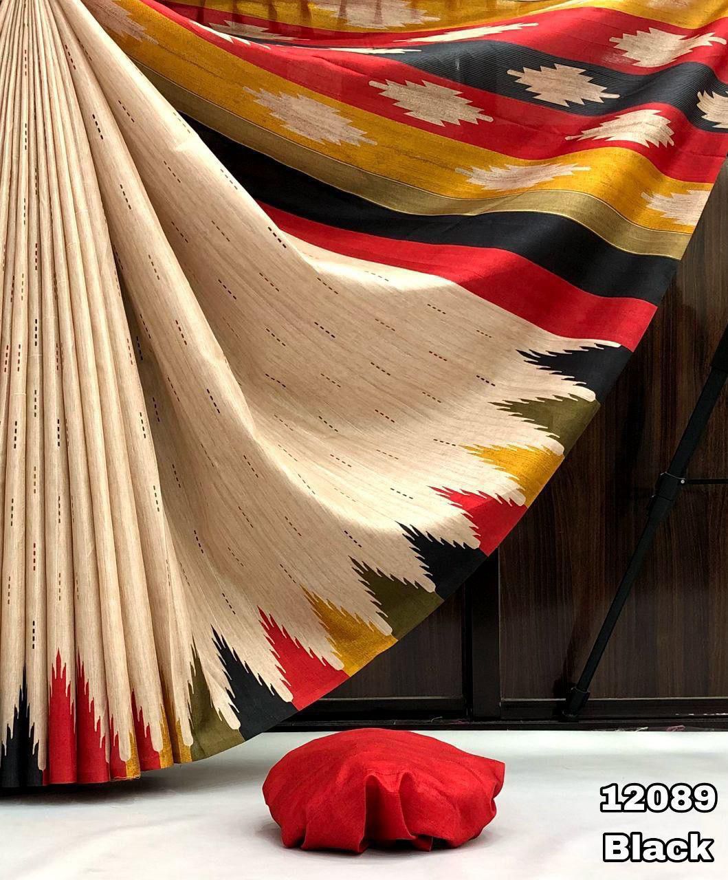 Handloom Tussur silk Temple Design Digital Print with tussels on Pallu - Swaraas