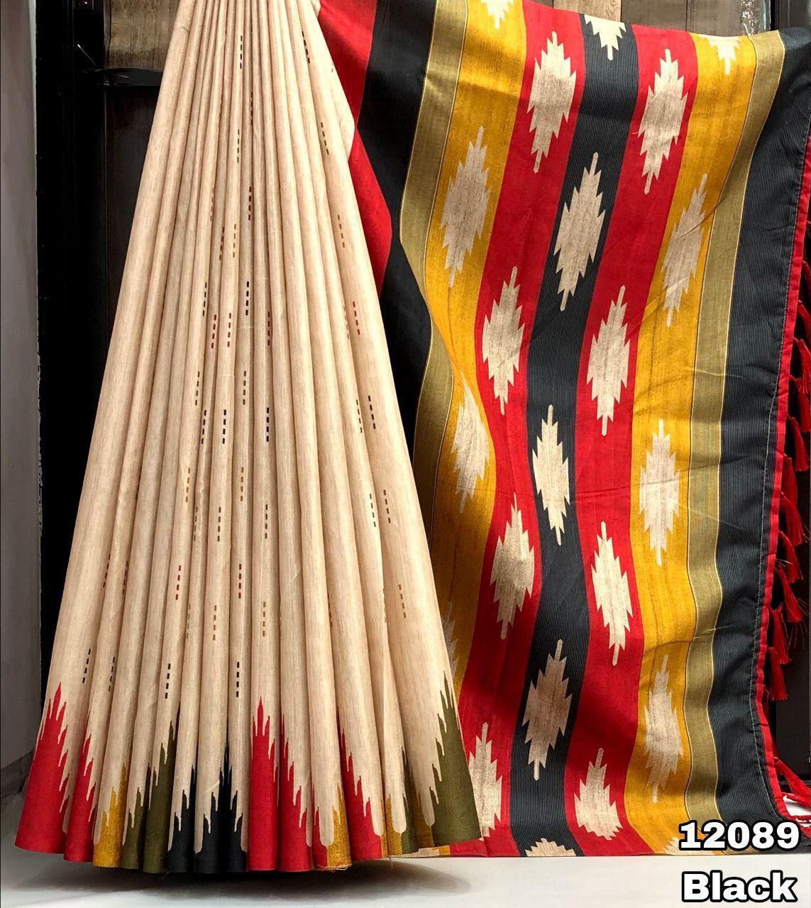 Handloom Tussur silk Temple Design Digital Print with tussels on Pallu - Swaraas