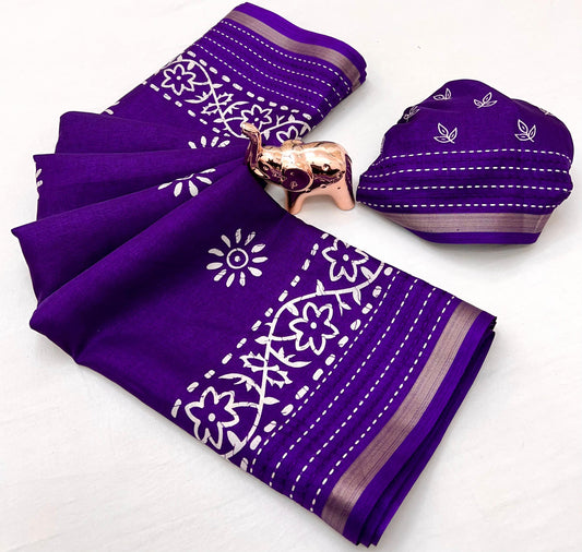 Cotton Crepe Saree with 3D Style Print & Kantha Work Border – Elegant Daily & Festive Wear | Swaraas.in