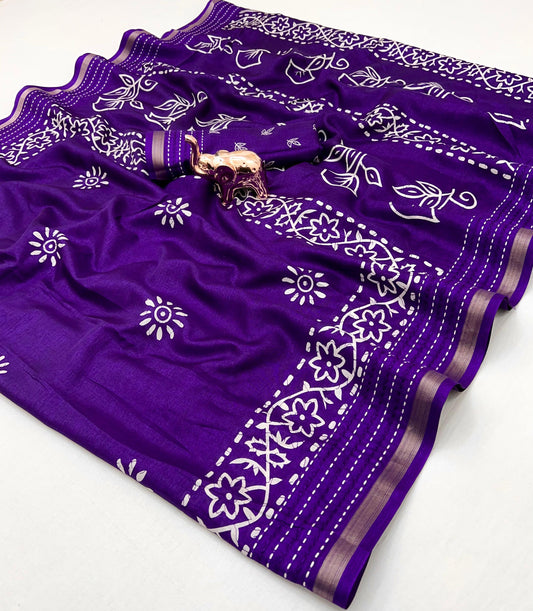 Cotton Crepe Saree with 3D Style Print & Kantha Work Border – Elegant Daily & Festive Wear | Swaraas.in
