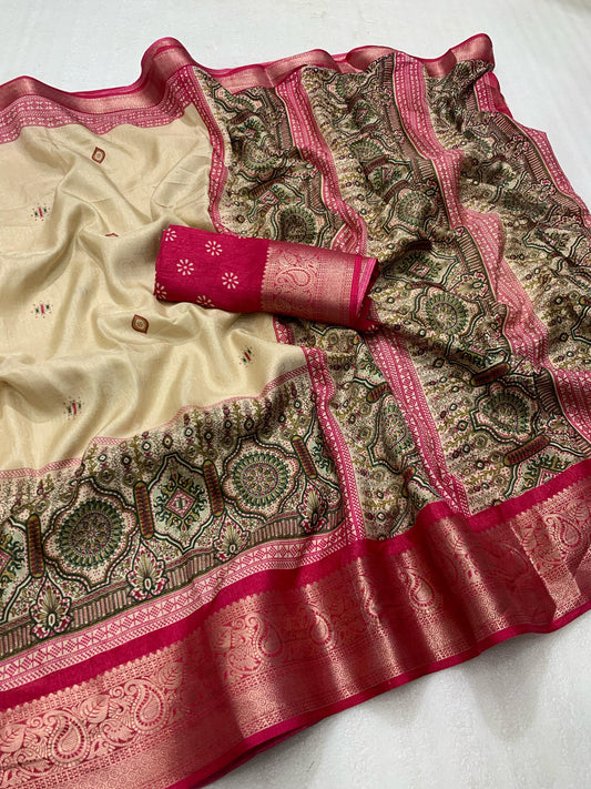 Pure Benny Cotton Self-Jacquard Saree with Mill Print & Jacquard Border – Swaraas.in
