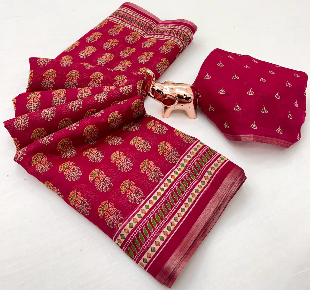 Ajrakh Print Soft Cotton Feel Saree with Zari Woven Border – 6.3m with Blouse | Swaraas.in