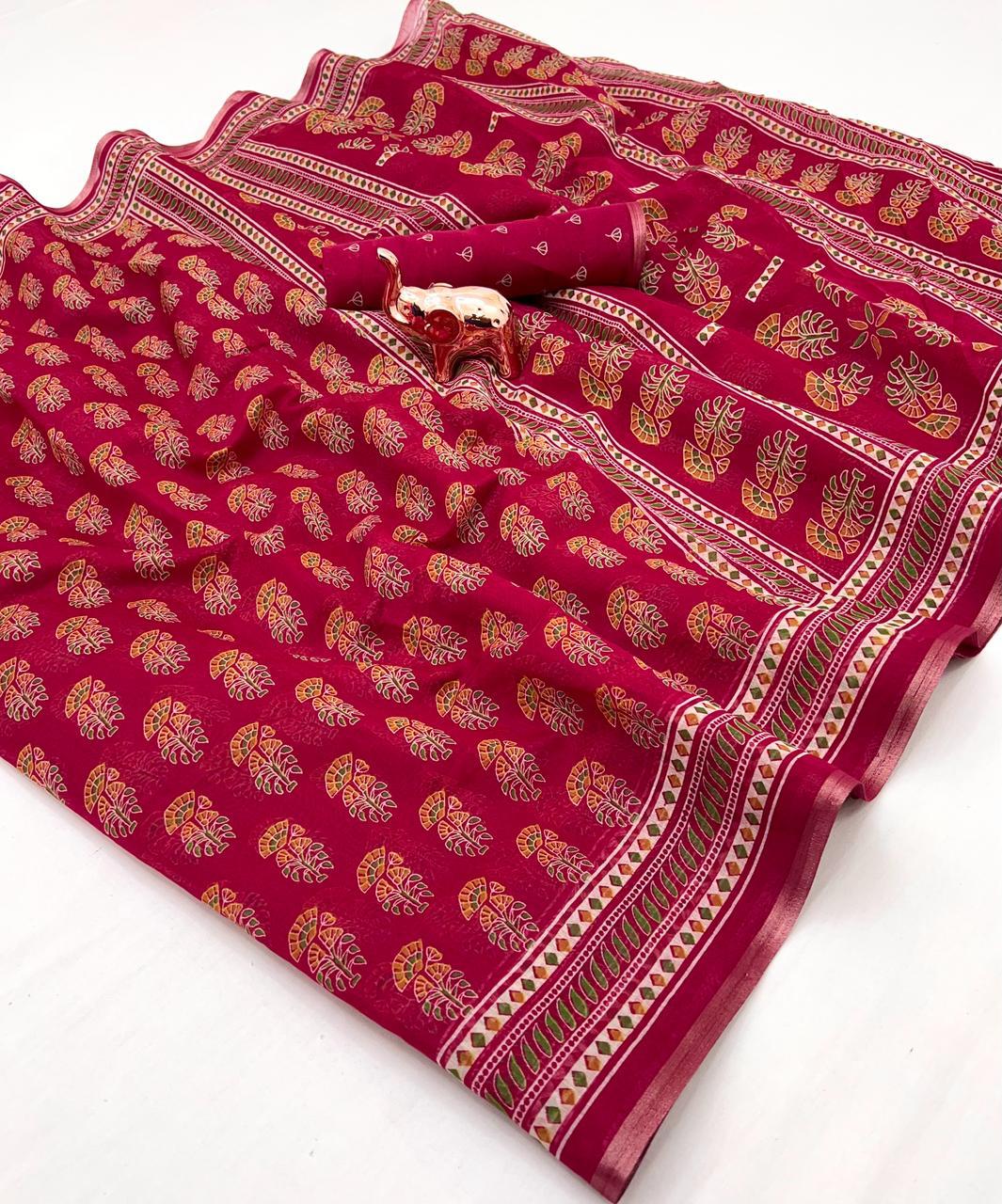 Ajrakh Print Soft Cotton Feel Saree with Zari Woven Border – 6.3m with Blouse | Swaraas.in