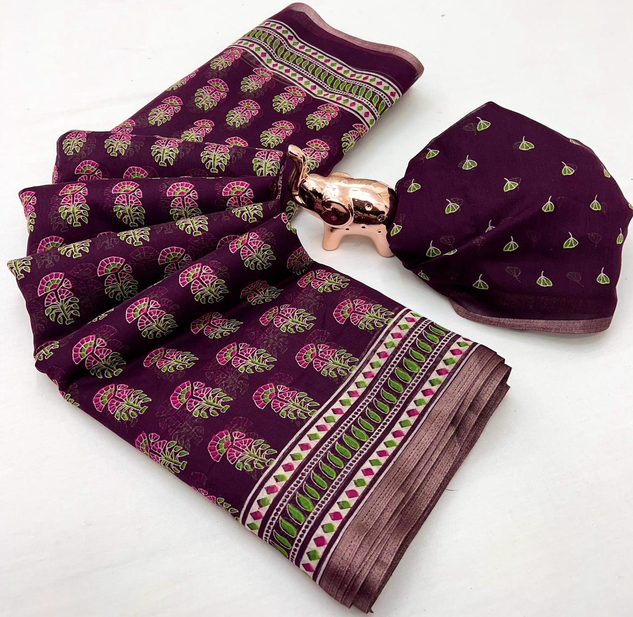 Ajrakh Print Soft Cotton Feel Saree with Zari Woven Border – 6.3m with Blouse | Swaraas.in