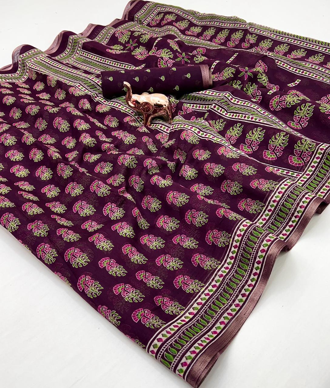 Ajrakh Print Soft Cotton Feel Saree with Zari Woven Border – 6.3m with Blouse | Swaraas.in