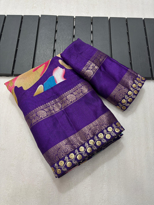 Soft Dolla Crepe Silk Saree with Floral Digital Print, Magam & Embroidery Work, and 9-Inch Jacquard Border | Swaraas.in