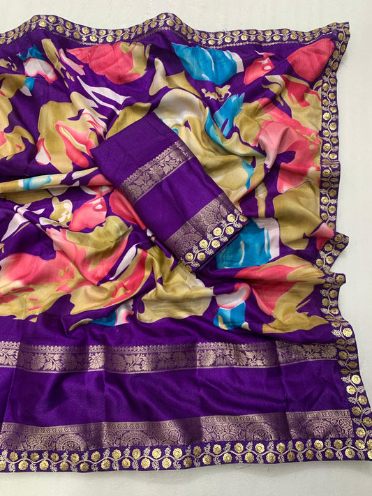 Soft Dolla Crepe Silk Saree with Floral Digital Print, Magam & Embroidery Work, and 9-Inch Jacquard Border | Swaraas.in