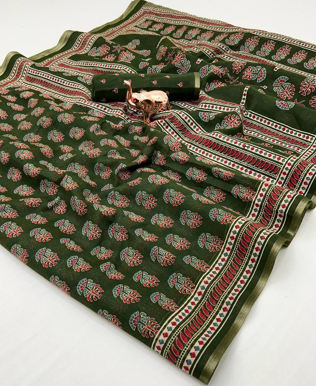 Ajrakh Print Soft Cotton Feel Saree with Zari Woven Border – 6.3m with Blouse | Swaraas.in