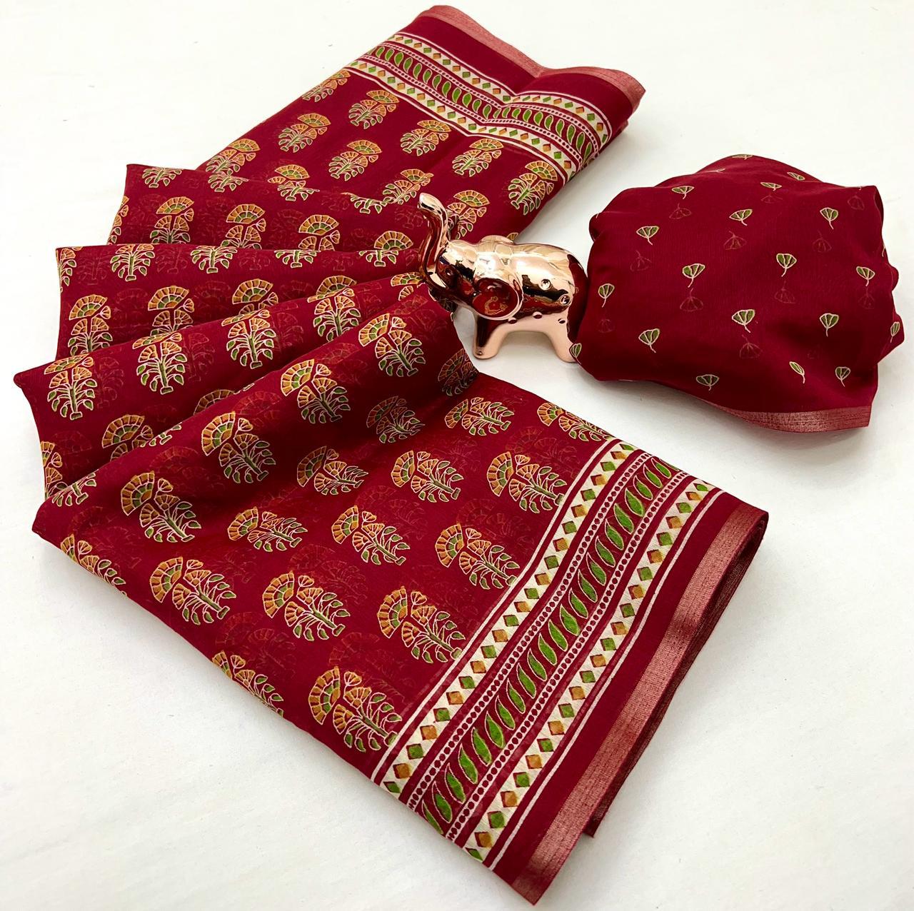 Ajrakh Print Soft Cotton Feel Saree with Zari Woven Border – 6.3m with Blouse | Swaraas.in