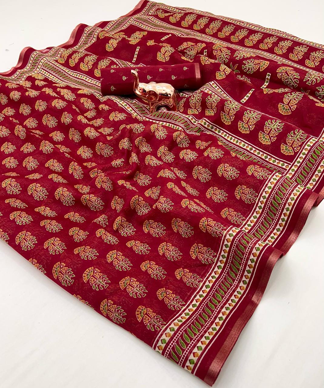 Ajrakh Print Soft Cotton Feel Saree with Zari Woven Border – 6.3m with Blouse | Swaraas.in