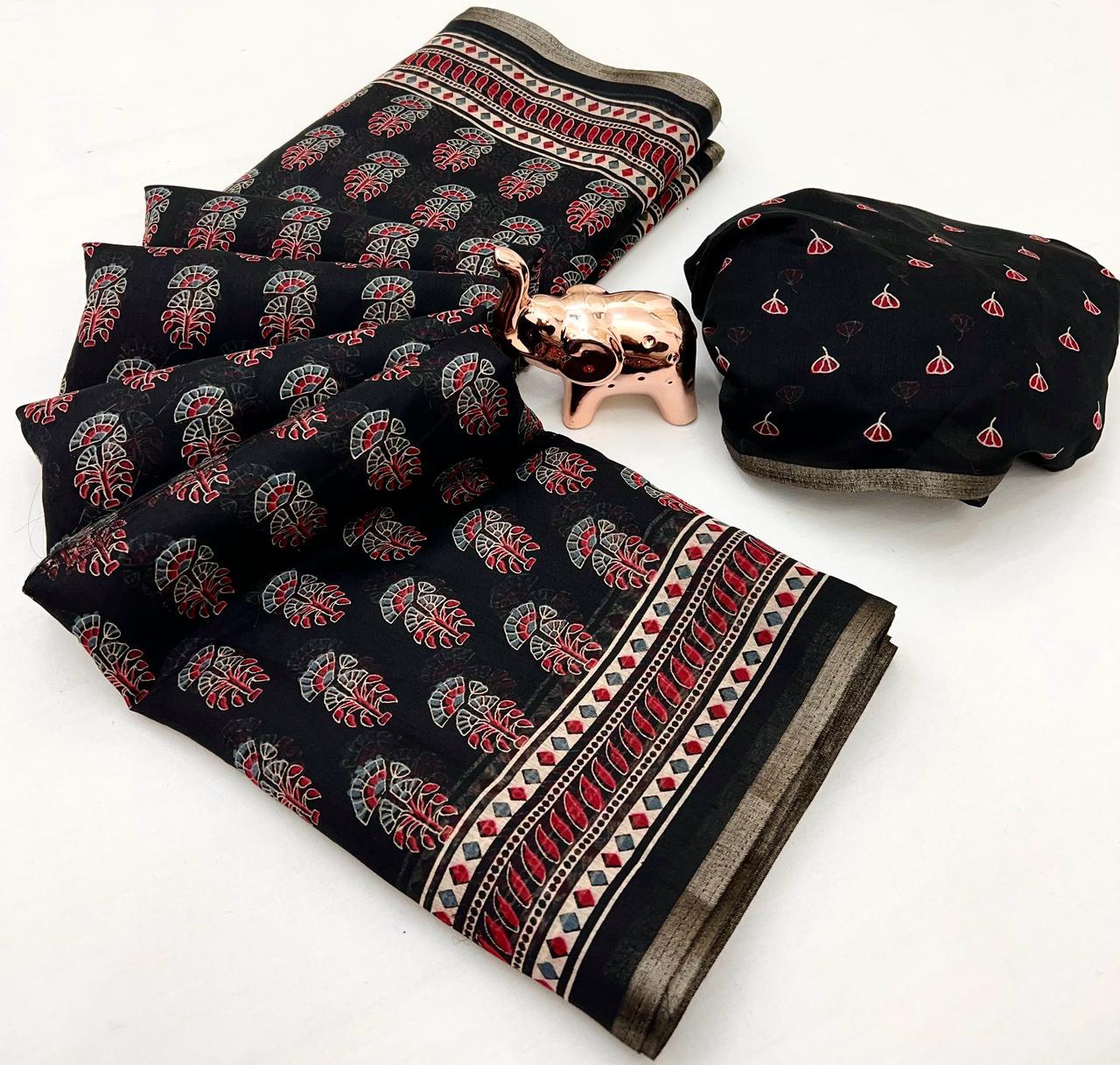 Ajrakh Print Soft Cotton Feel Saree with Zari Woven Border – 6.3m with Blouse | Swaraas.in
