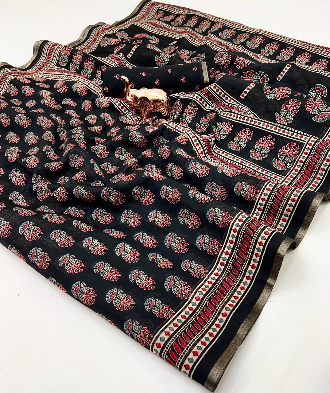 Ajrakh Print Soft Cotton Feel Saree with Zari Woven Border – 6.3m with Blouse | Swaraas.in