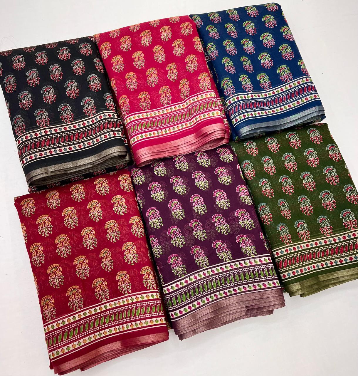 Ajrakh Print Soft Cotton Feel Saree with Zari Woven Border – 6.3m with Blouse | Swaraas.in