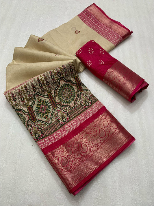 Pure Benny Cotton Self-Jacquard Saree with Mill Print & Jacquard Border – Swaraas.in