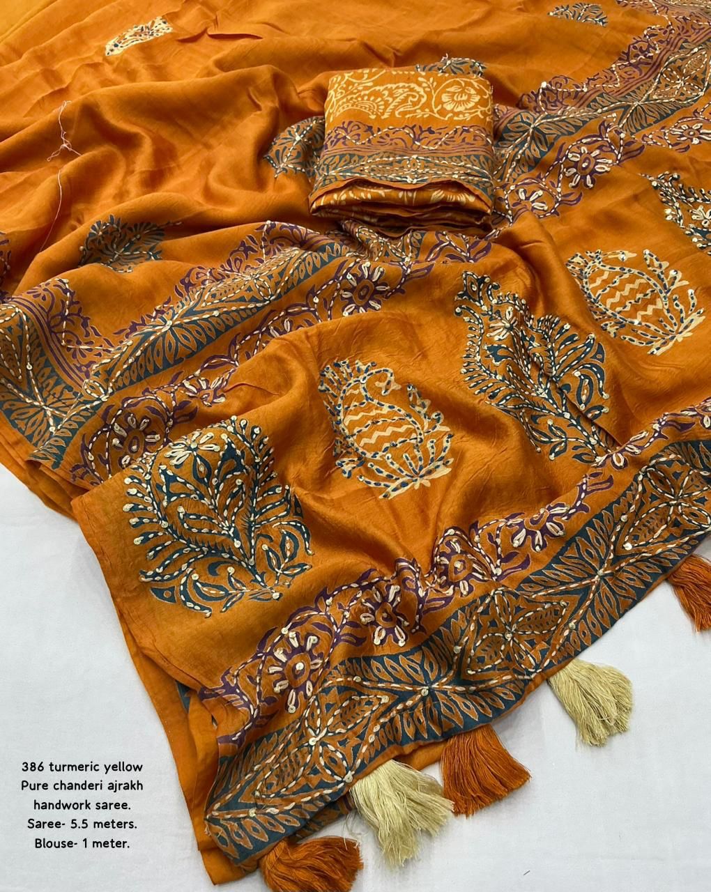 Premium Turmeric Yellow Ajrakh Hand Block Printed Chanderi Cotton Saree with Kaatha & Sequin Work | Swaraas.in