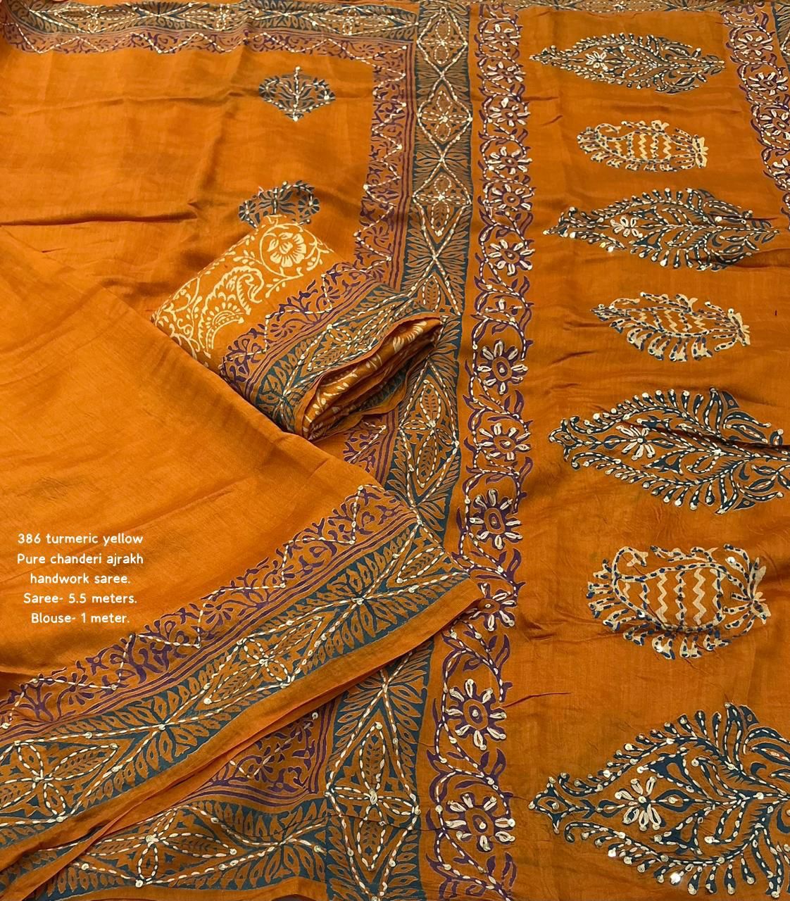 Premium Turmeric Yellow Ajrakh Hand Block Printed Chanderi Cotton Saree with Kaatha & Sequin Work | Swaraas.in