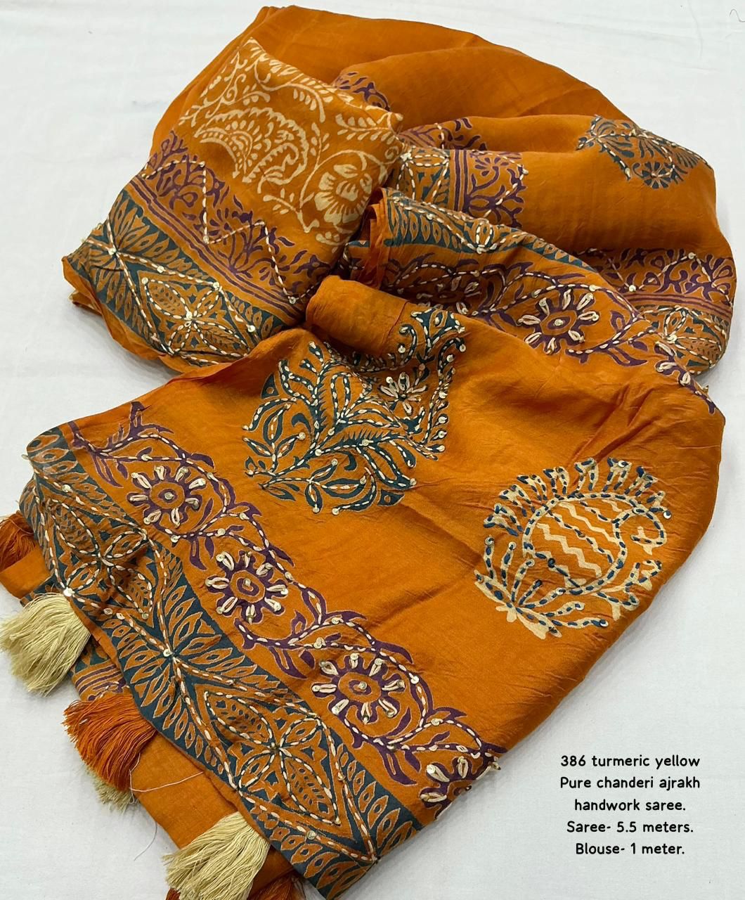 Premium Turmeric Yellow Ajrakh Hand Block Printed Chanderi Cotton Saree with Kaatha & Sequin Work | Swaraas.in